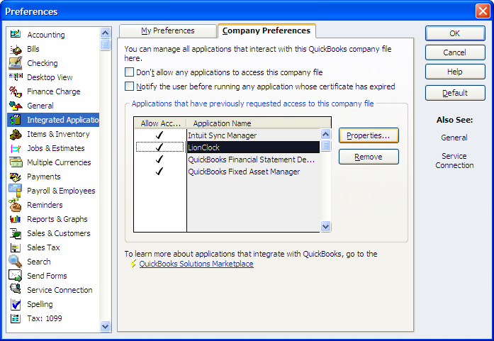 qb company preferences for integrated apps